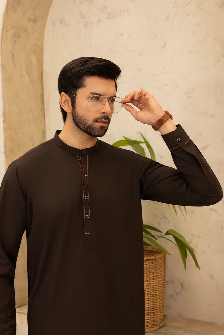 Picture of Black Pearl - Wash & Wear | Dark Brown Ban Shalwar Kameez - Available at Raja Sahib