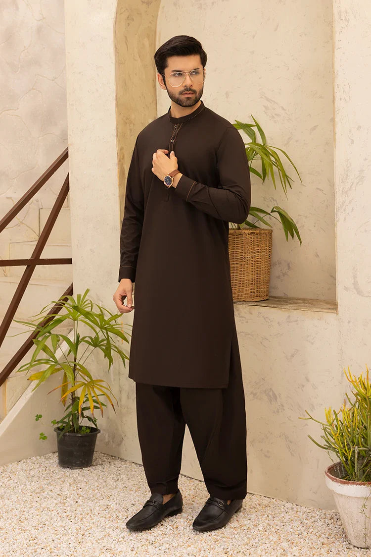 Picture of Black Pearl - Wash & Wear | Dark Brown Ban Shalwar Kameez - Available at Raja Sahib