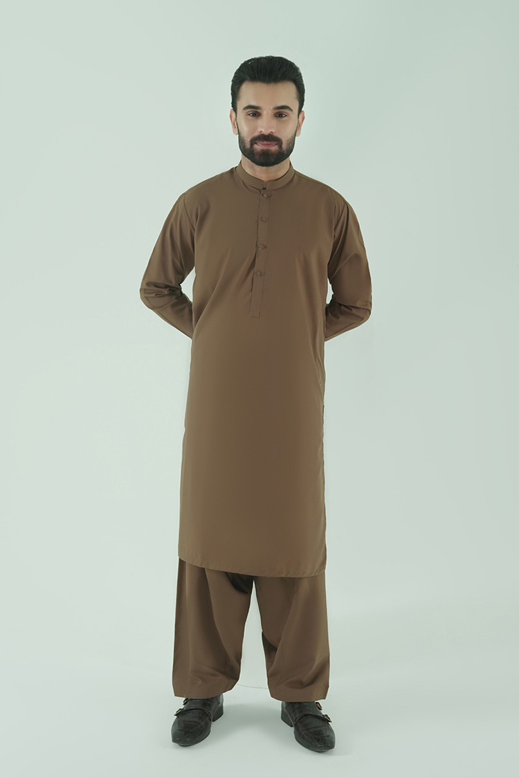 Picture of Black Pearl - Wash & Wear | Dark Brown Ban Kameez Shalwar - Available at Raja Sahib
