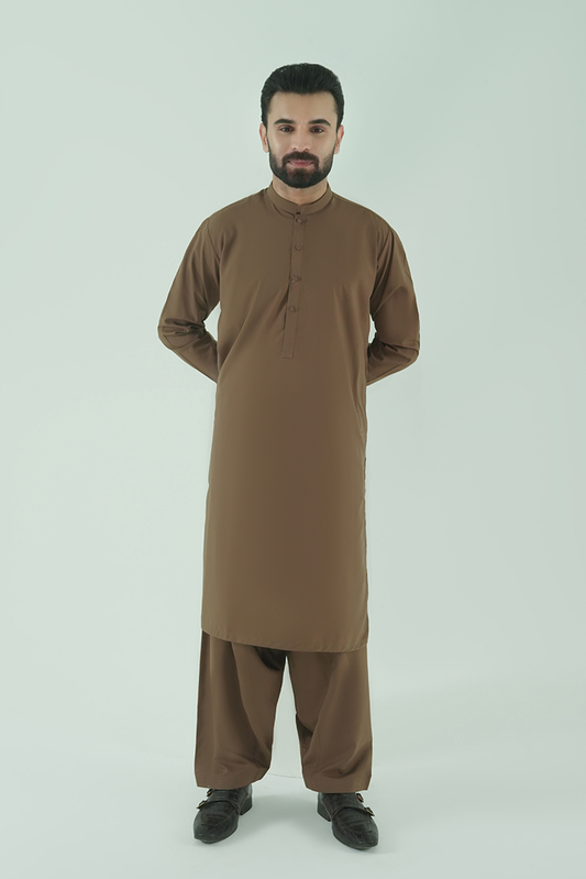 Picture of Black Pearl - Wash & Wear | Dark Brown Ban Kameez Shalwar - Available at Raja Sahib