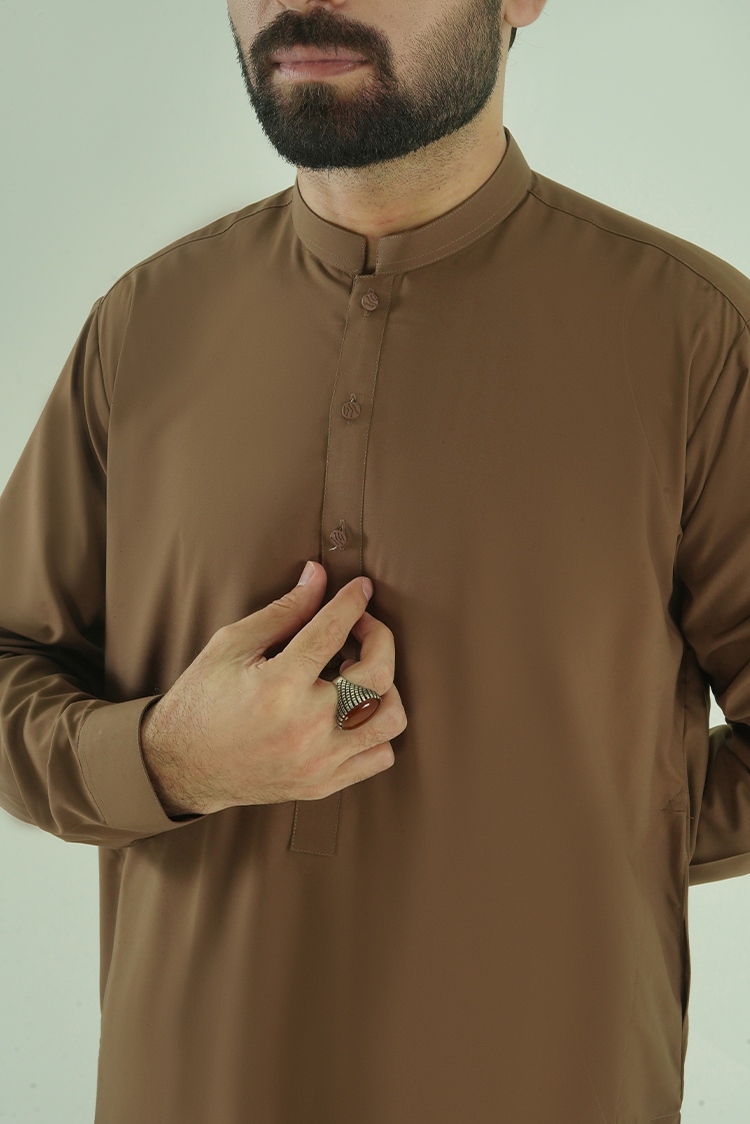 Picture of Black Pearl - Wash & Wear | Dark Brown Ban Kameez Shalwar - Available at Raja Sahib