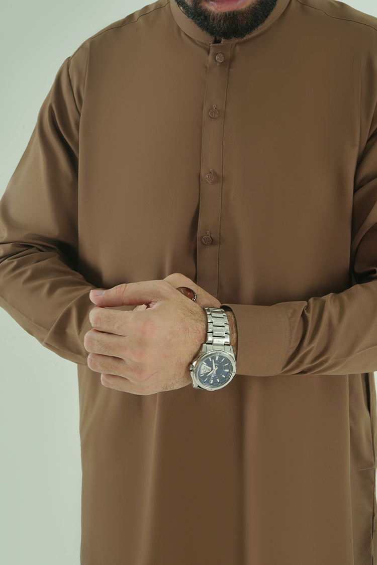 Picture of Black Pearl - Wash & Wear | Dark Brown Ban Kameez Shalwar - Available at Raja Sahib