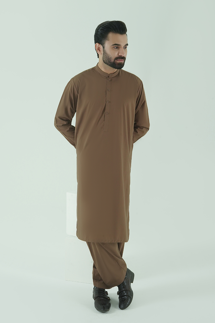 Picture of Black Pearl - Wash & Wear | Dark Brown Ban Kameez Shalwar - Available at Raja Sahib