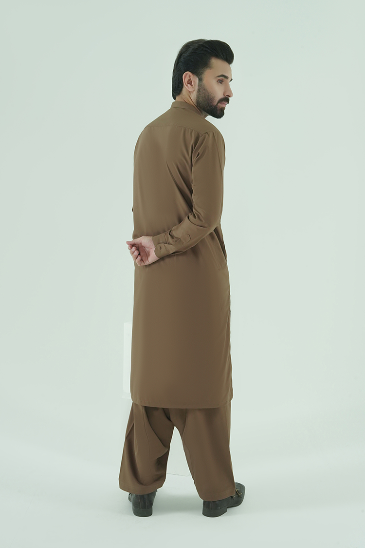 Picture of Black Pearl - Wash & Wear | Dark Brown Ban Kameez Shalwar - Available at Raja Sahib