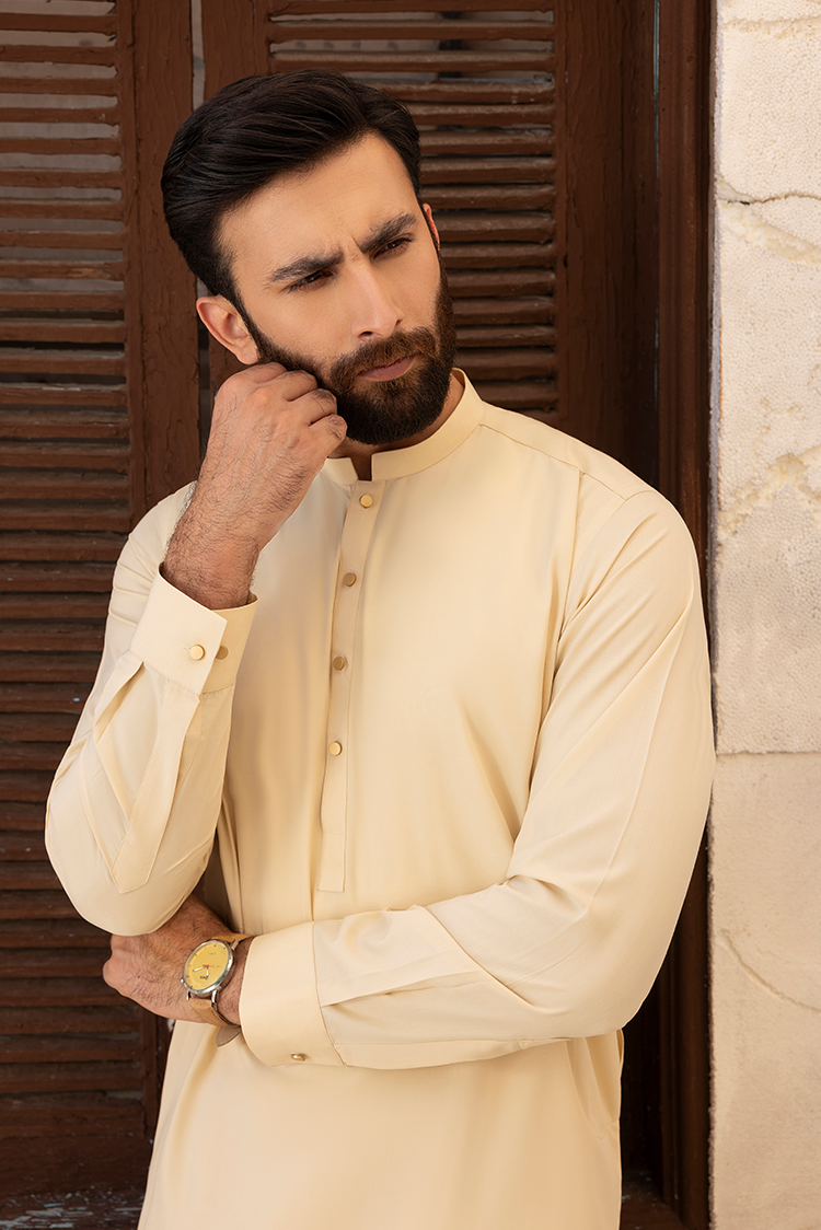 Picture of Black Pearl - Wash & Wear | Cream Ban Shalwar Kameez - Available at Raja Sahib