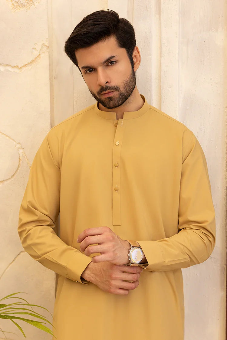 Picture of Black Pearl - Wash & Wear | Mustard Ban Ban Kameez - Available at Raja Sahib