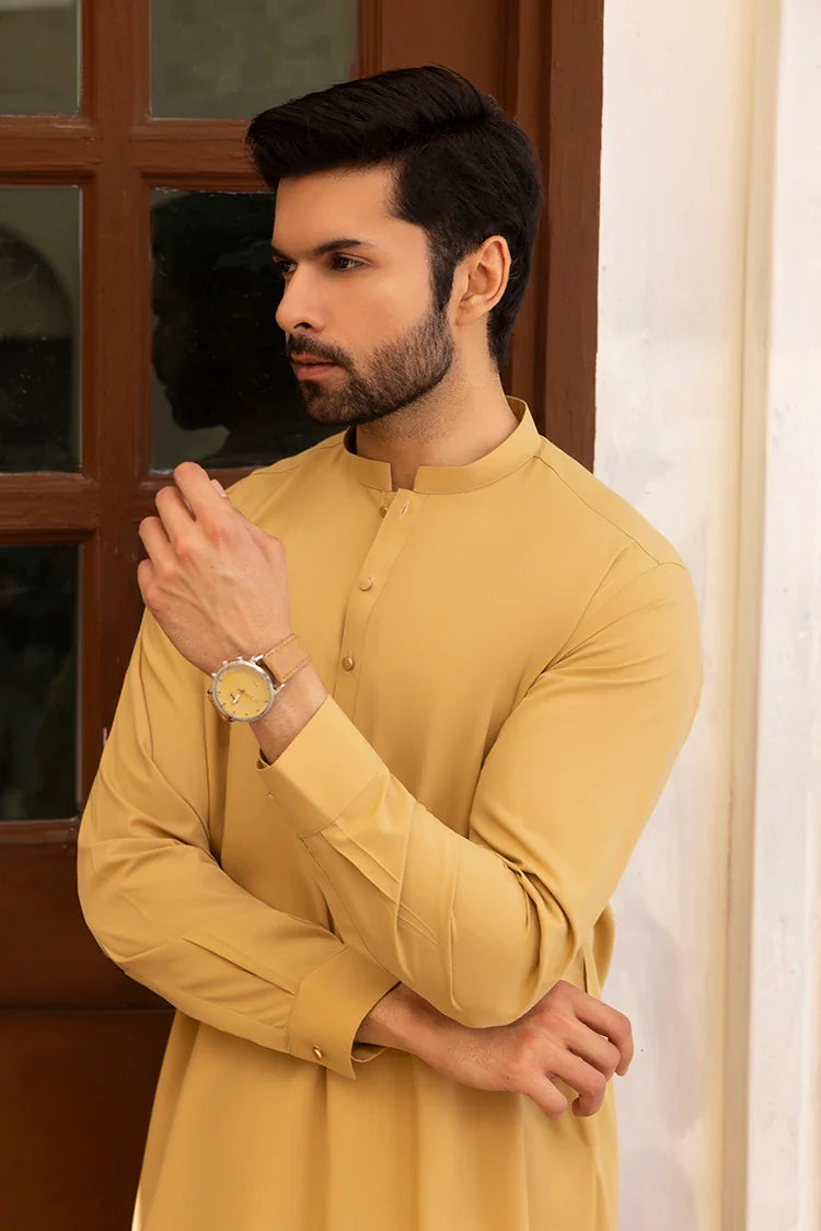 Picture of Black Pearl - Wash & Wear | Mustard Ban Ban Kameez - Available at Raja Sahib