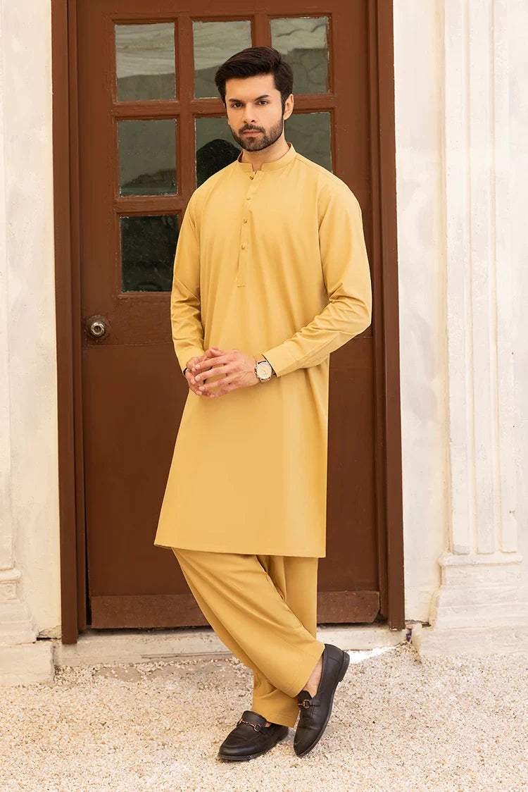Picture of Black Pearl - Wash & Wear | Mustard Ban Ban Kameez - Available at Raja Sahib
