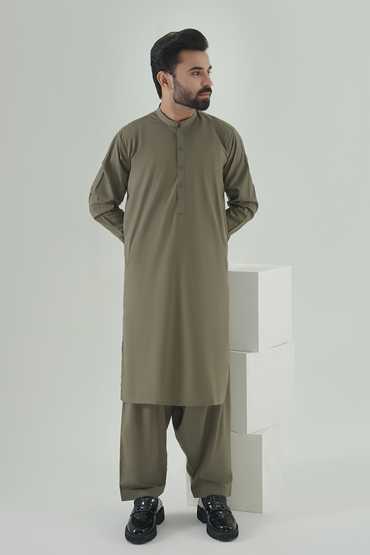 Black Pearl - Wash & Wear | Olive Ban Kameez Shalwar