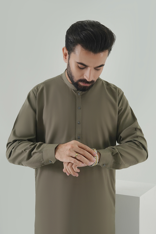 Picture of Black Pearl - Wash & Wear | Olive Ban Kameez Shalwar - Available at Raja Sahib
