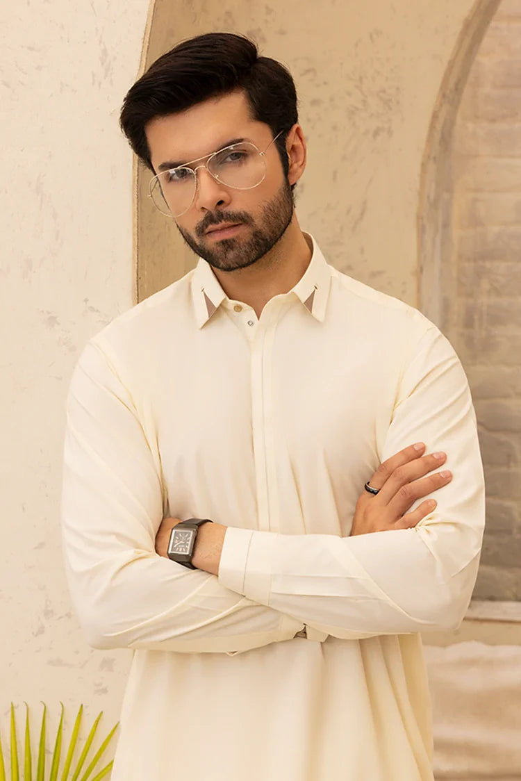 Picture of Black Pearl - Wash & Wear | Cream Collar Shalwar Kameez - Available at Raja Sahib