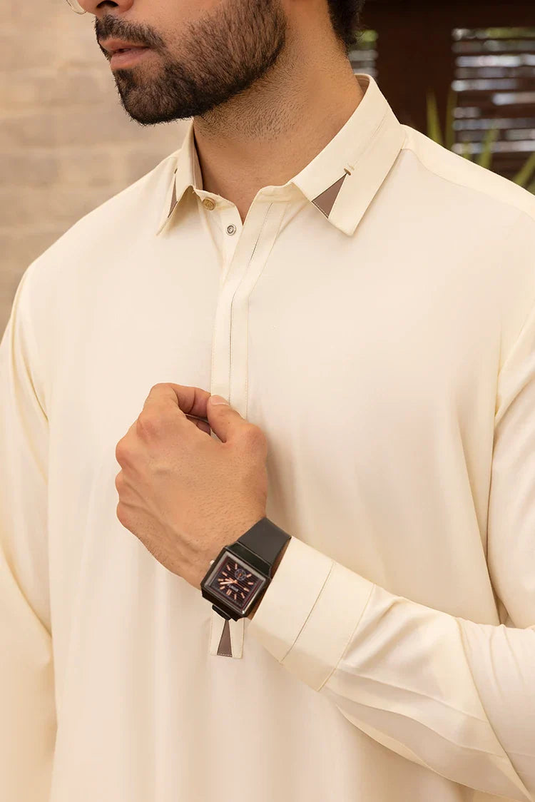 Picture of Black Pearl - Wash & Wear | Cream Collar Shalwar Kameez - Available at Raja Sahib
