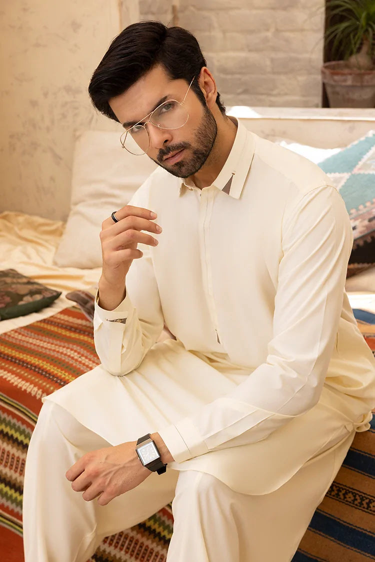 Picture of Black Pearl - Wash & Wear | Cream Collar Shalwar Kameez - Available at Raja Sahib