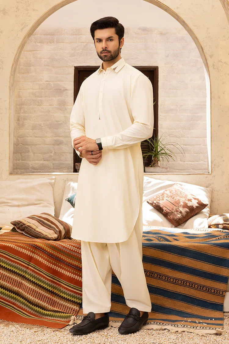 Picture of Black Pearl - Wash & Wear | Cream Collar Shalwar Kameez - Available at Raja Sahib
