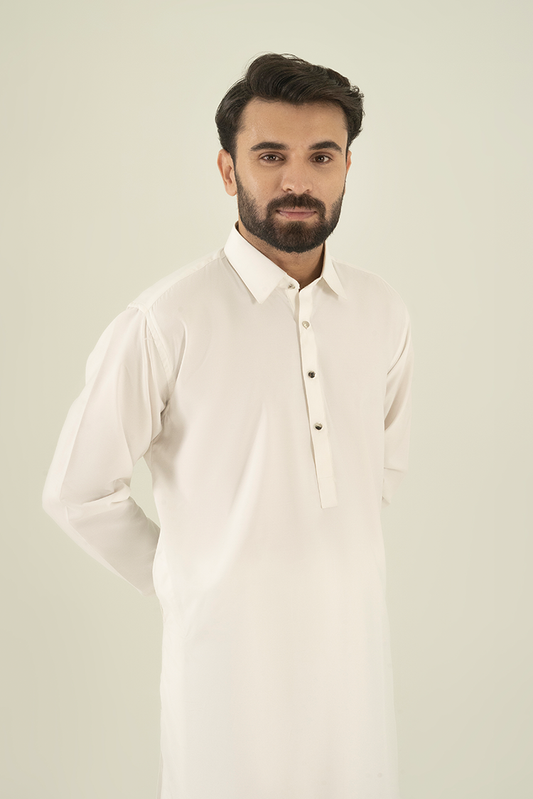 Picture of Black Pearl - Wash & Wear | Off White Collar Kameez Shalwar - Available at Raja Sahib