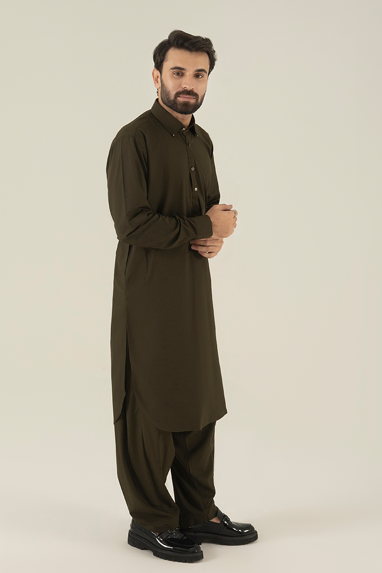 Picture of Black Pearl - Wash & Wear | Olive Collar Kameez Shalwar - Available at Raja Sahib