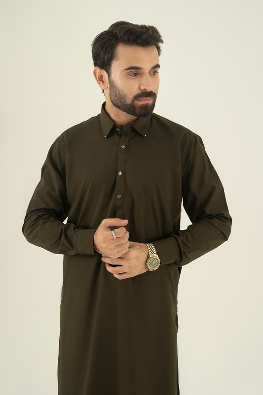 Picture of Black Pearl - Wash & Wear | Olive Collar Kameez Shalwar - Available at Raja Sahib