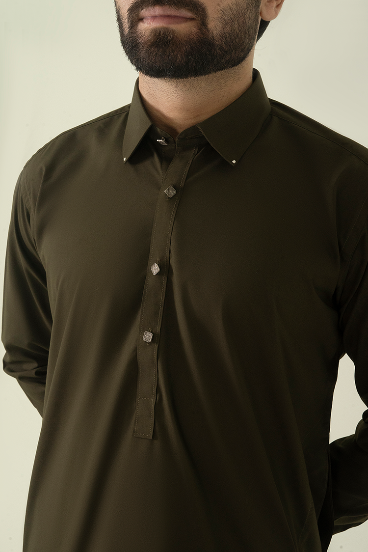 Picture of Black Pearl - Wash & Wear | Olive Collar Kameez Shalwar - Available at Raja Sahib