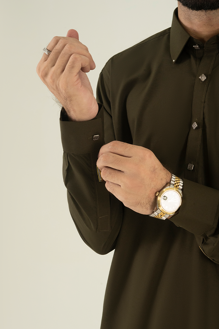 Picture of Black Pearl - Wash & Wear | Olive Collar Kameez Shalwar - Available at Raja Sahib
