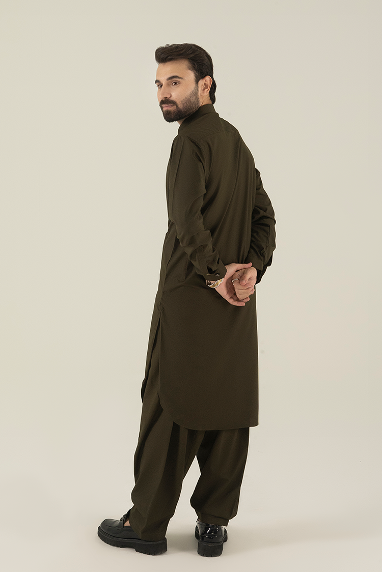 Picture of Black Pearl - Wash & Wear | Olive Collar Kameez Shalwar - Available at Raja Sahib