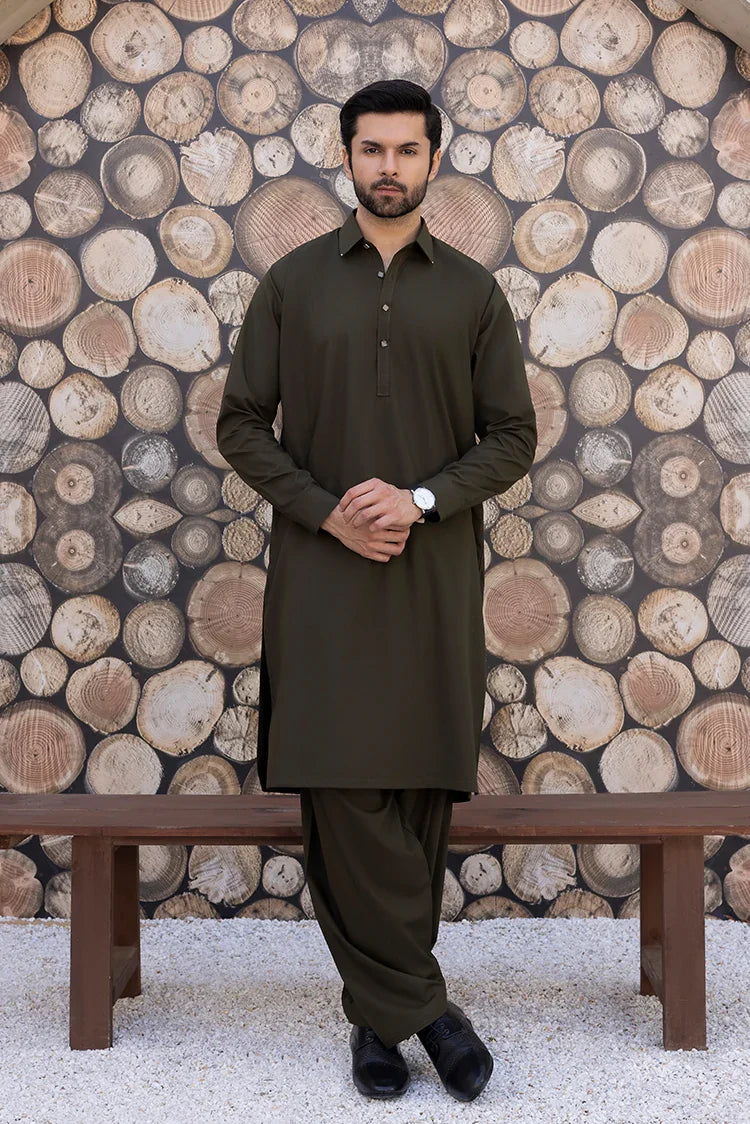 Picture of Black Pearl - Wash & Wear | Olive Collar Shalwar Kameez - Available at Raja Sahib
