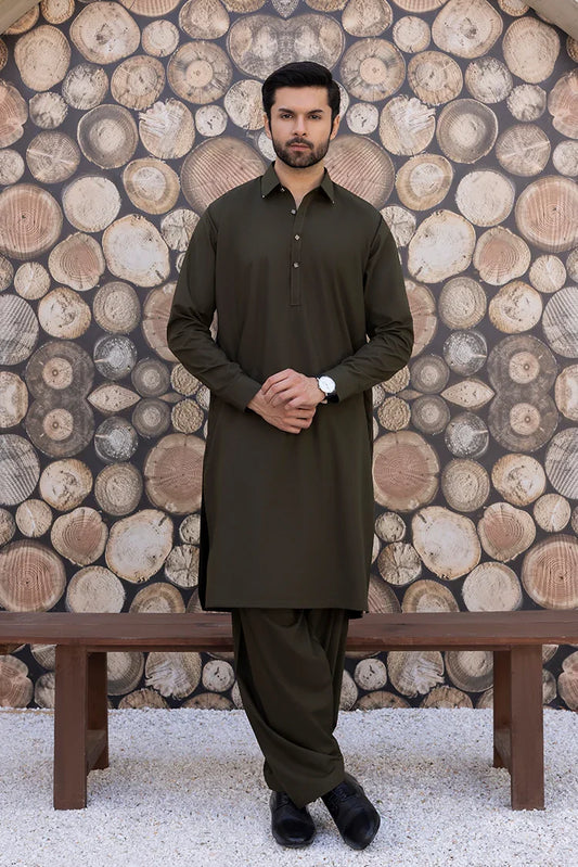 Picture of Black Pearl - Wash & Wear | Olive Collar Shalwar Kameez - Available at Raja Sahib