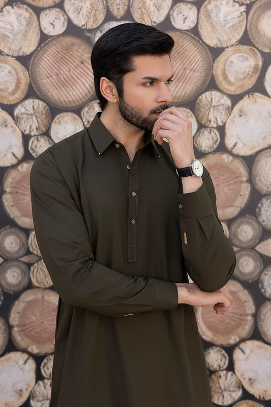 Picture of Black Pearl - Wash & Wear | Olive Collar Shalwar Kameez - Available at Raja Sahib
