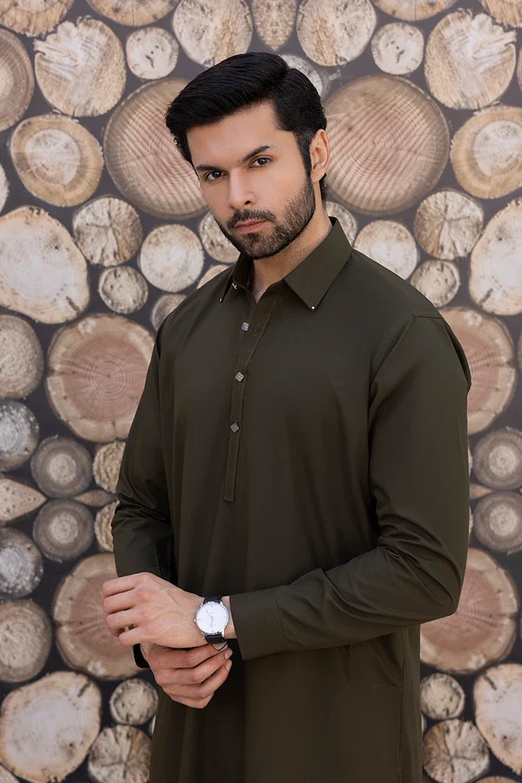 Picture of Black Pearl - Wash & Wear | Olive Collar Shalwar Kameez - Available at Raja Sahib