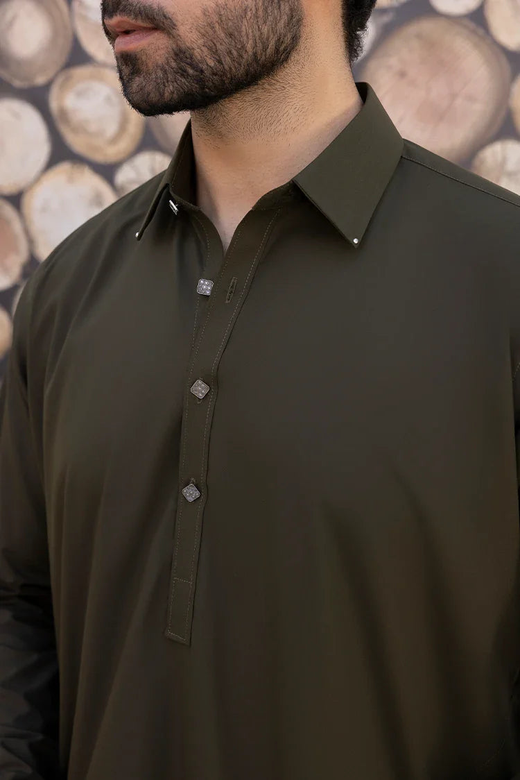 Picture of Black Pearl - Wash & Wear | Olive Collar Shalwar Kameez - Available at Raja Sahib