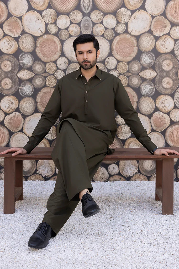 Picture of Black Pearl - Wash & Wear | Olive Collar Shalwar Kameez - Available at Raja Sahib