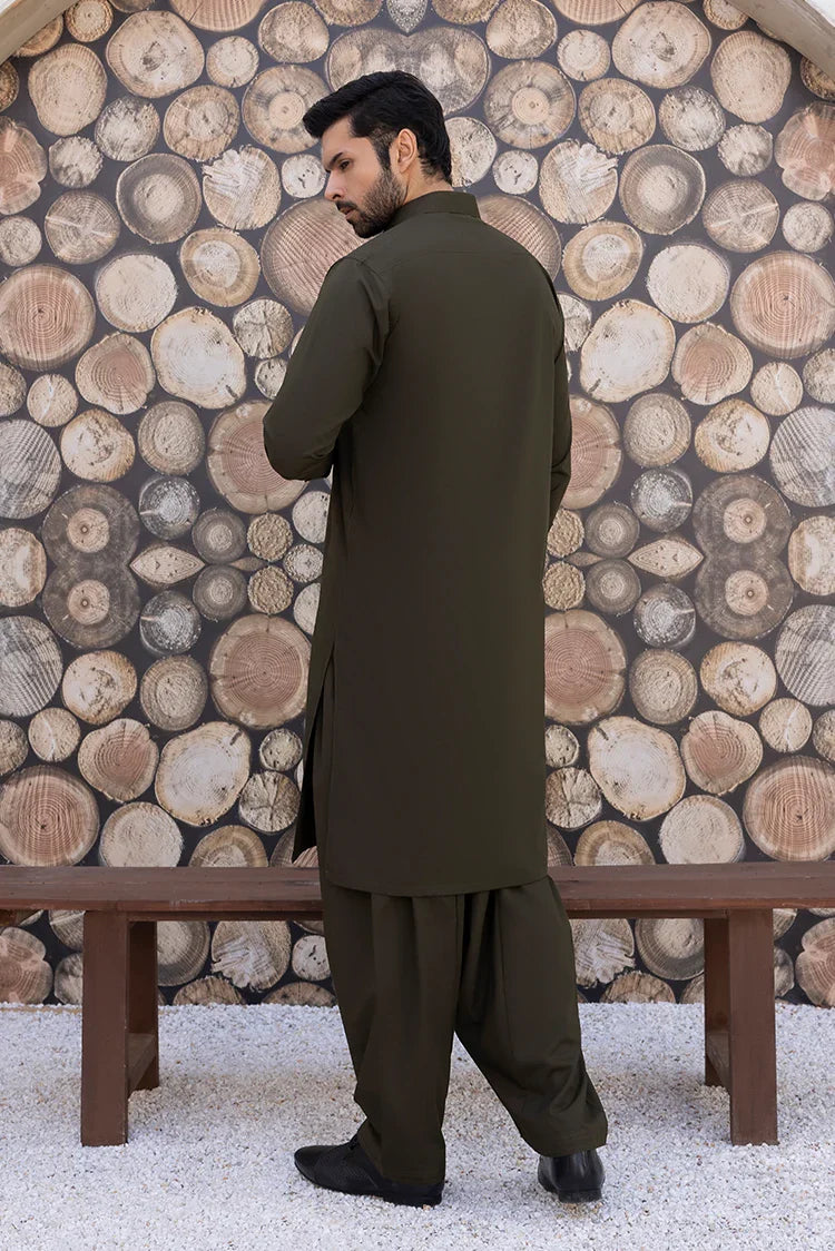 Picture of Black Pearl - Wash & Wear | Olive Collar Shalwar Kameez - Available at Raja Sahib