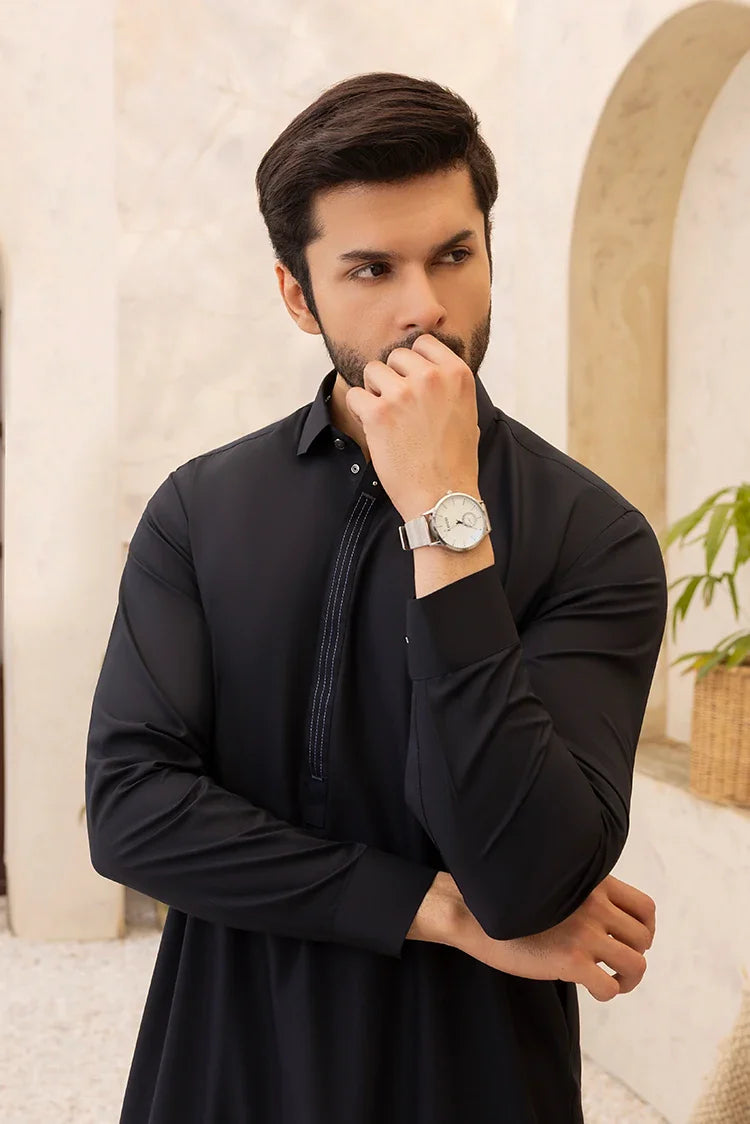 Picture of Black Pearl - Wash & Wear | Black Collar Shalwar kameez - Available at Raja Sahib