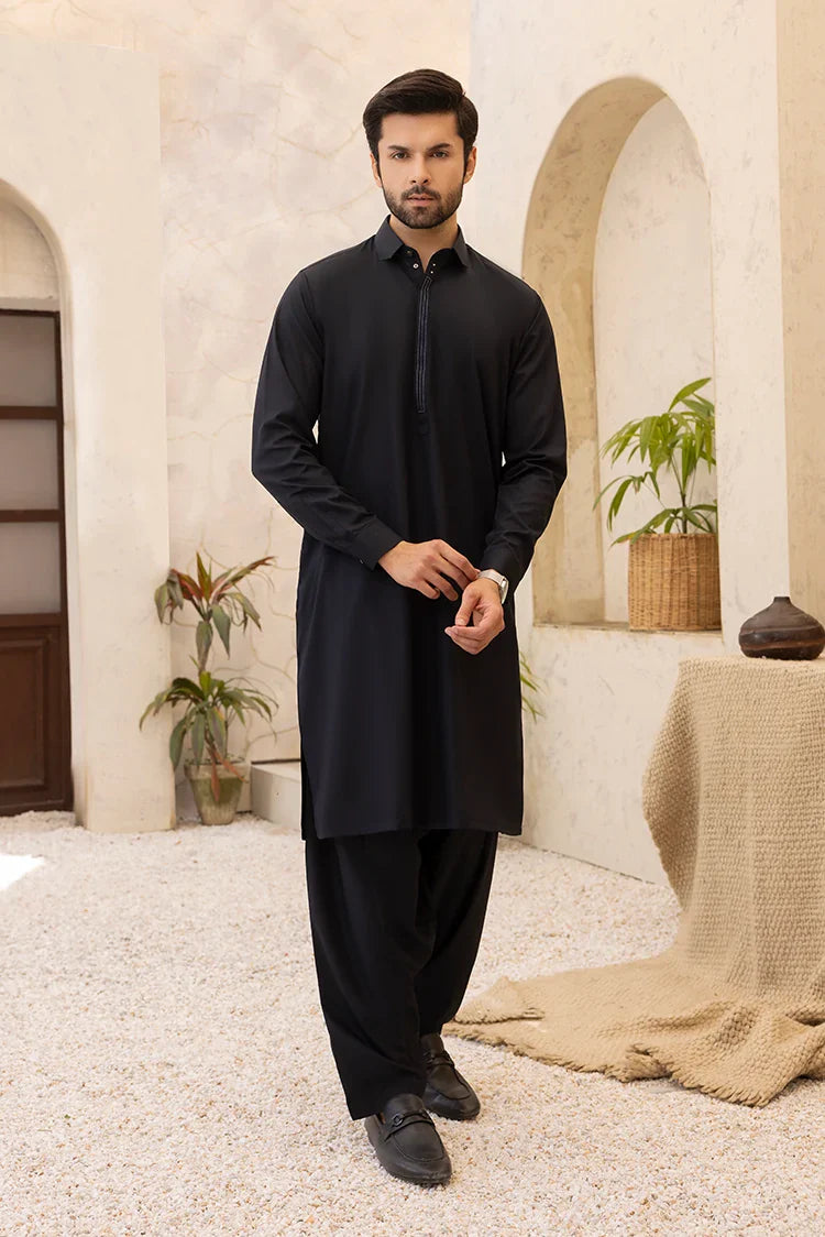 Picture of Black Pearl - Wash & Wear | Black Collar Shalwar kameez - Available at Raja Sahib