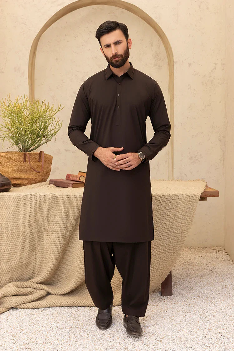 Picture of Black Pearl - Wash & Wear | Dark Brown Collar Shalwar Kameez - Available at Raja Sahib