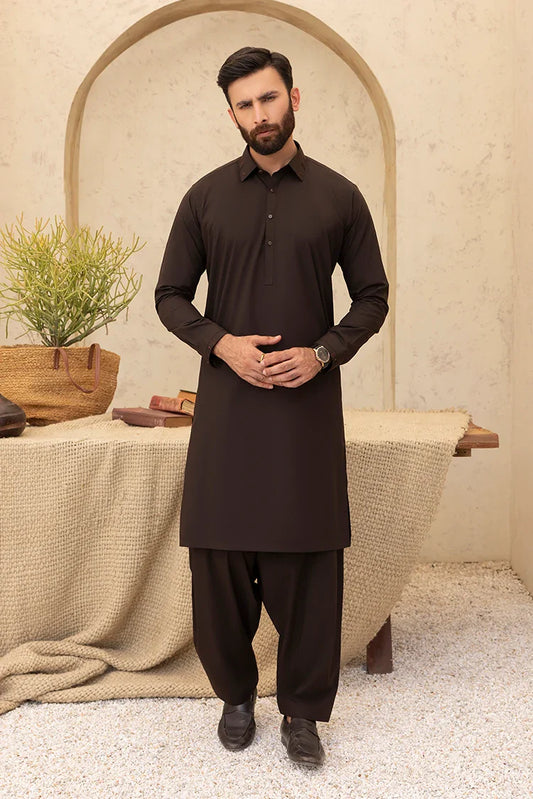 Picture of Black Pearl - Wash & Wear | Dark Brown Collar Shalwar Kameez - Available at Raja Sahib