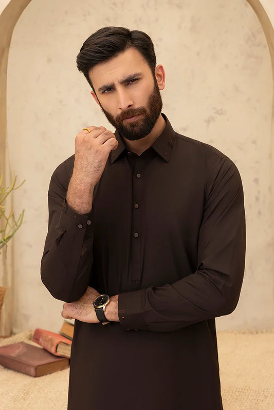 Picture of Black Pearl - Wash & Wear | Dark Brown Collar Shalwar Kameez - Available at Raja Sahib