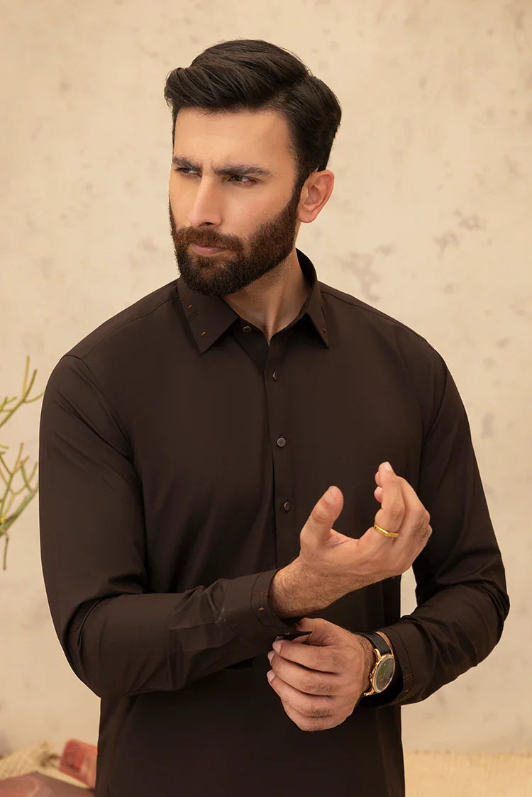 Picture of Black Pearl - Wash & Wear | Dark Brown Collar Shalwar Kameez - Available at Raja Sahib