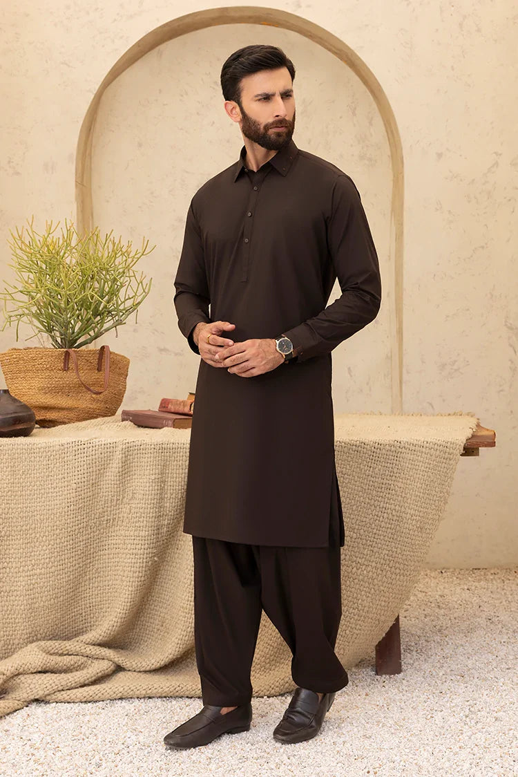 Picture of Black Pearl - Wash & Wear | Dark Brown Collar Shalwar Kameez - Available at Raja Sahib