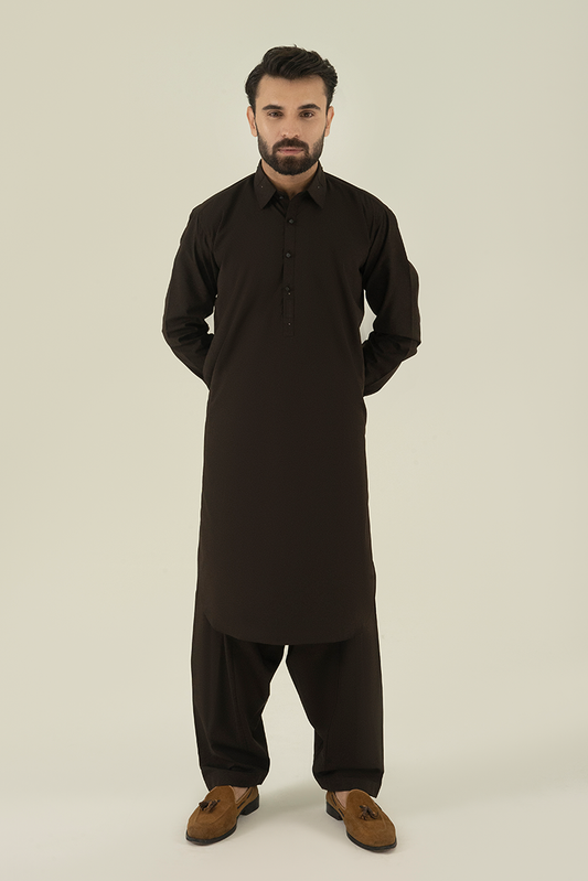 Black Pearl - Wash & Wear | Dark Brown Collar Kameez Shalwar