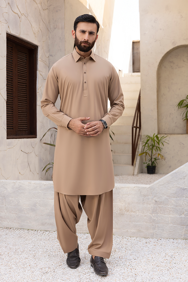 Picture of Black Pearl - Wash & Wear | Caramel Collar Shalwar Kameez - Available at Raja Sahib
