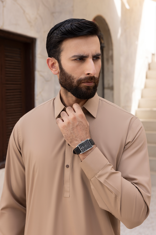Picture of Black Pearl - Wash & Wear | Caramel Collar Shalwar Kameez - Available at Raja Sahib