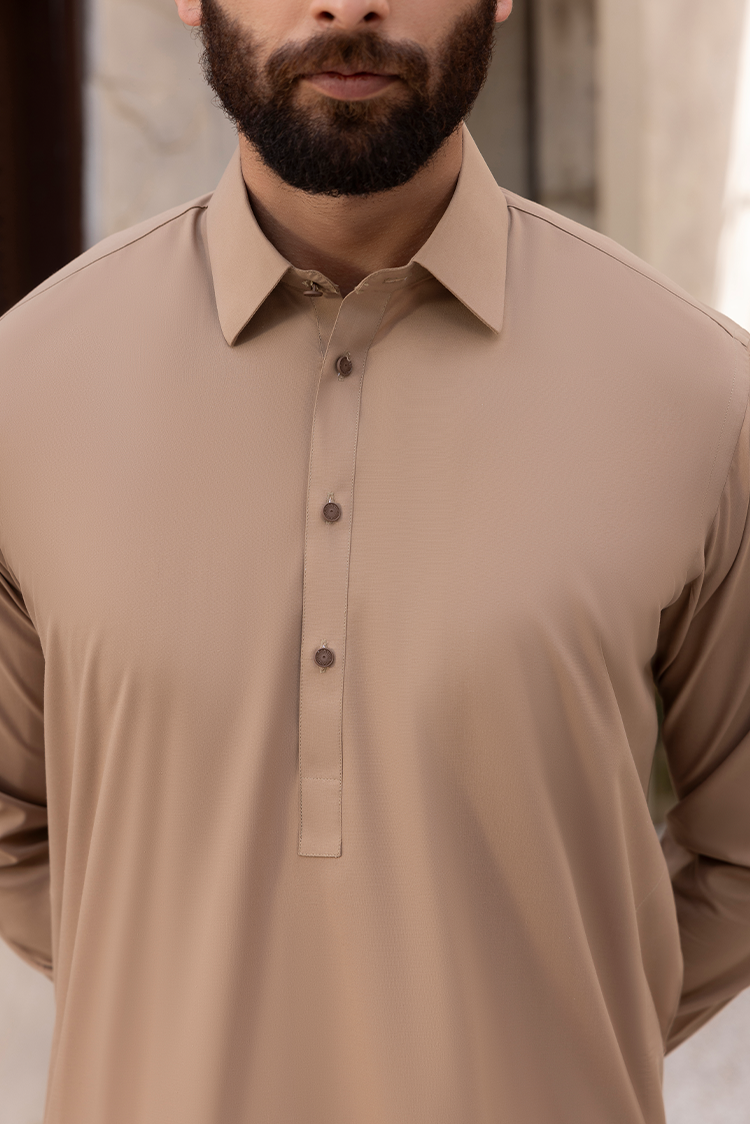 Picture of Black Pearl - Wash & Wear | Caramel Collar Shalwar Kameez - Available at Raja Sahib