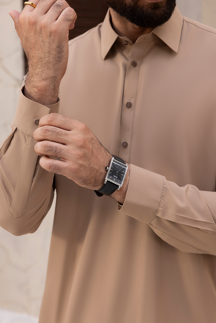 Picture of Black Pearl - Wash & Wear | Caramel Collar Shalwar Kameez - Available at Raja Sahib