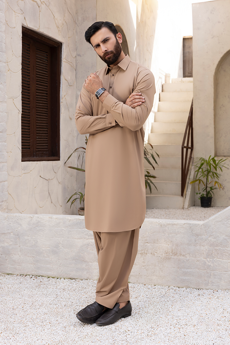 Picture of Black Pearl - Wash & Wear | Caramel Collar Shalwar Kameez - Available at Raja Sahib