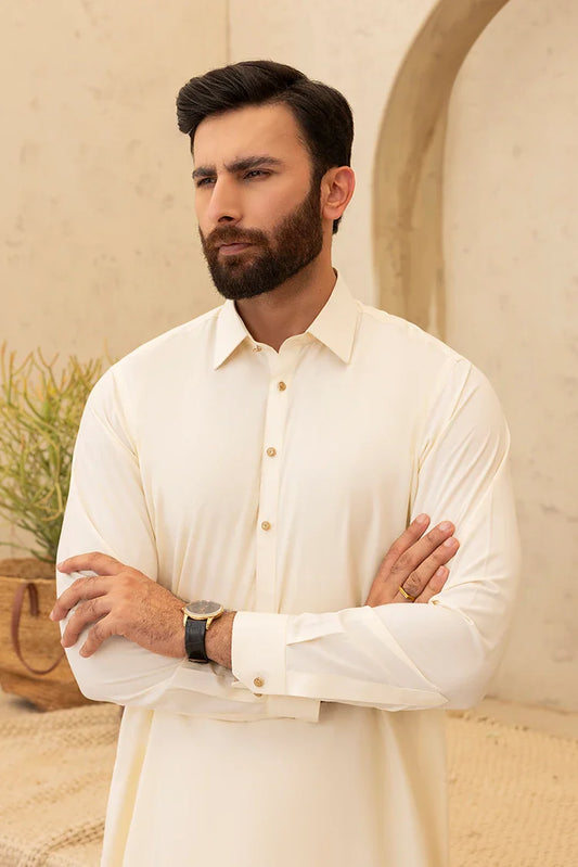 Picture of Black Pearl - Wash & Wear | Cream Collar Shalwar Kameez - Available at Raja Sahib