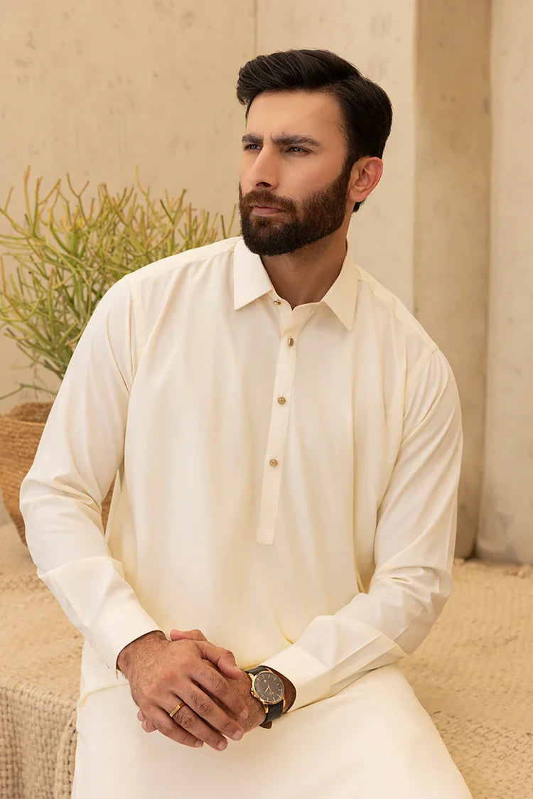 Picture of Black Pearl - Wash & Wear | Cream Collar Shalwar Kameez - Available at Raja Sahib