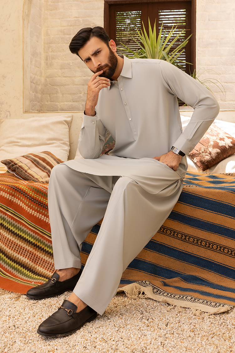 Picture of Black Pearl - Wash & Wear | Ivory Sand Collar Shalwar Kameez - Available at Raja Sahib