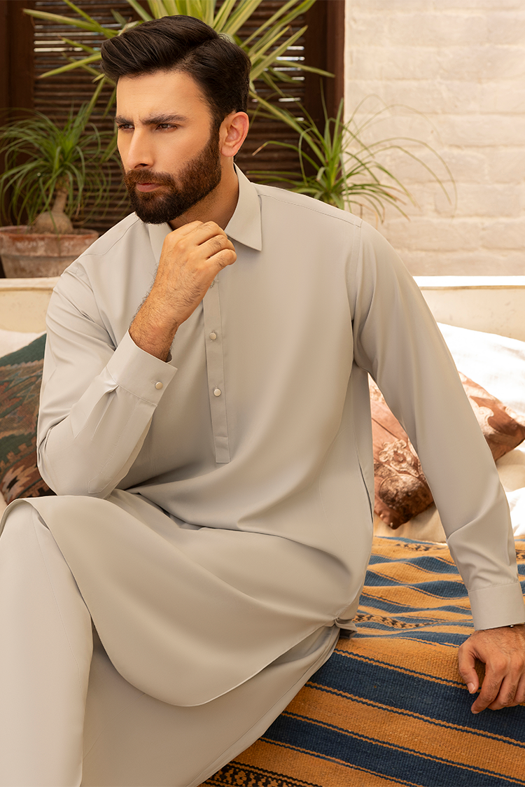 Picture of Black Pearl - Wash & Wear | Ivory Sand Collar Shalwar Kameez - Available at Raja Sahib