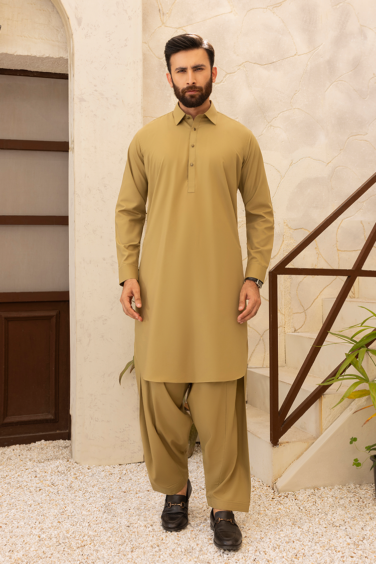 Picture of Black Pearl - Wash & Wear | Sand Collar Shalwar Kameez - Available at Raja Sahib