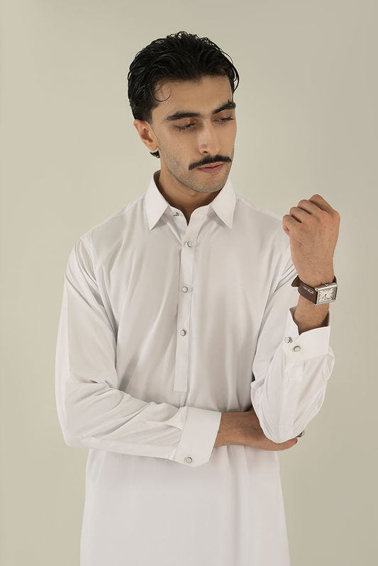 Picture of Black Pearl - Wash & Wear | White Collar Kameez Shalwar - Available at Raja Sahib